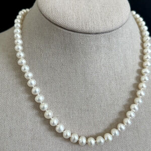 14K Yellow Gold Genuine Real 7MM Cream Pearls Hand Knotted Strand Necklace 18"